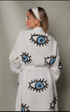 Evil Eye Kaftan Kimono, organic cotton cover-up, Turkish evil eye kimono, protective clothing, quick-drying beachwear, adjustable waist kimono, trendy summer cover-up