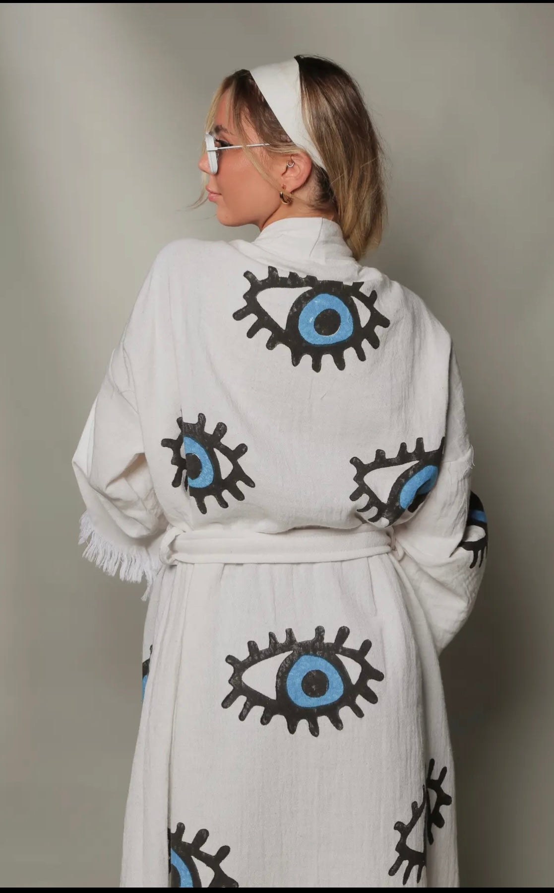 Evil Eye Kaftan Kimono, organic cotton cover-up, Turkish evil eye kimono, protective clothing, quick-drying beachwear, adjustable waist kimono, trendy summer cover-up