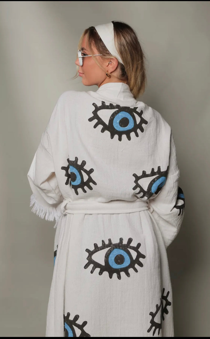 Evil Eye Kaftan Kimono, organic cotton cover-up, Turkish evil eye kimono, protective clothing, quick-drying beachwear, adjustable waist kimono, trendy summer cover-up