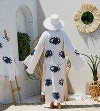 Evil Eye Kaftan Kimono, organic cotton cover-up, Turkish evil eye kimono, protective clothing, quick-drying beachwear, adjustable waist kimono, trendy summer cover-up