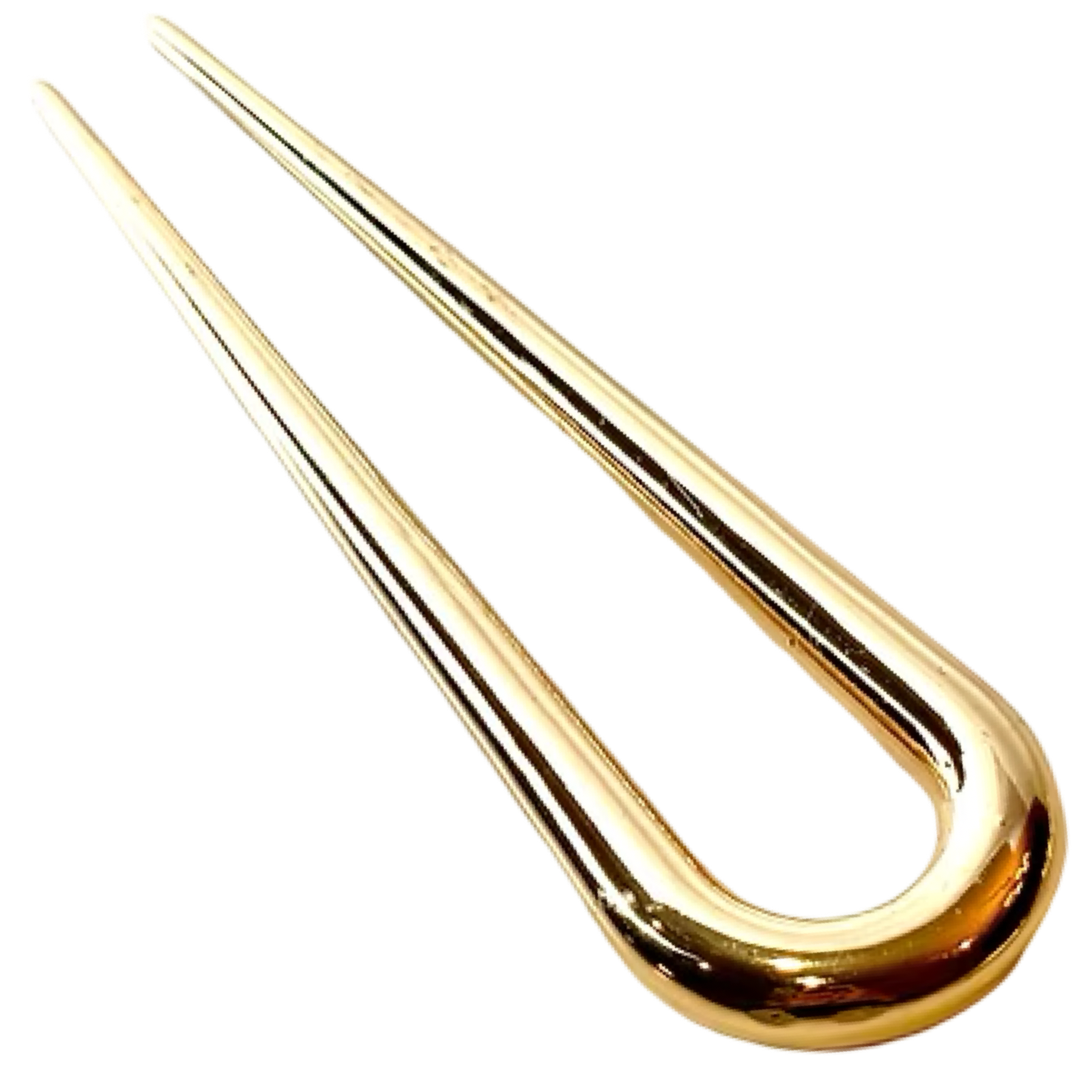 A polished gold-toned metal U-shaped clip or fork with a reflective finish, isolated on a white background.