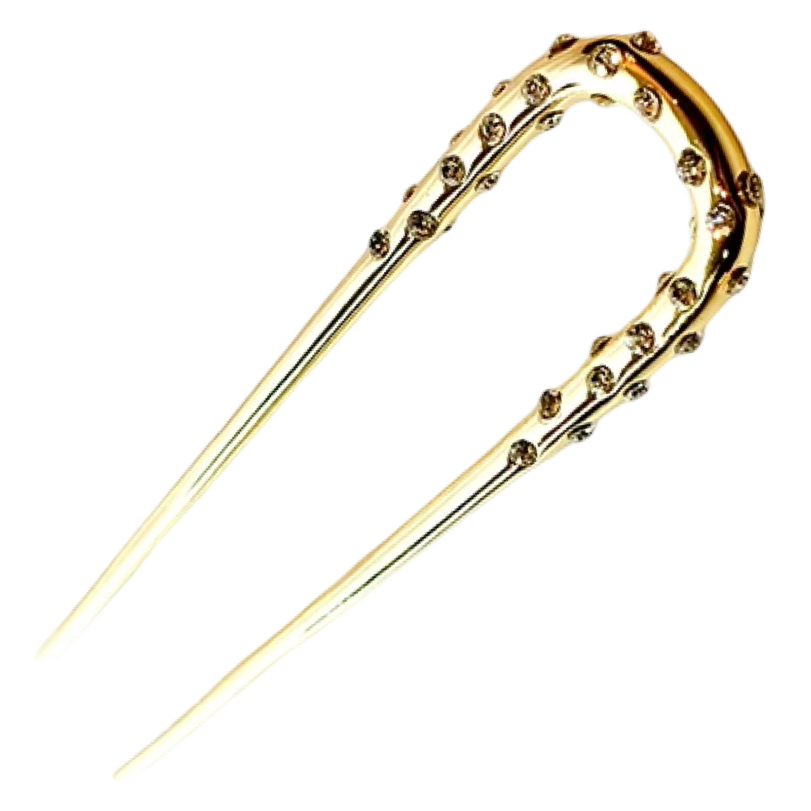 Ficcare Maira Curved Crystal Chignon Hair Pin in shiny gold with crystal accents for buns, twists, and elegant updos.