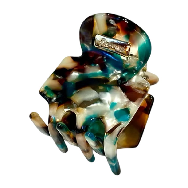 Ficcare Rita Acetate Hair Clip in Aqua Brown featuring a glossy marbled acetate finish with aqua and rich brown tones for secure, stylish everyday hair styling.