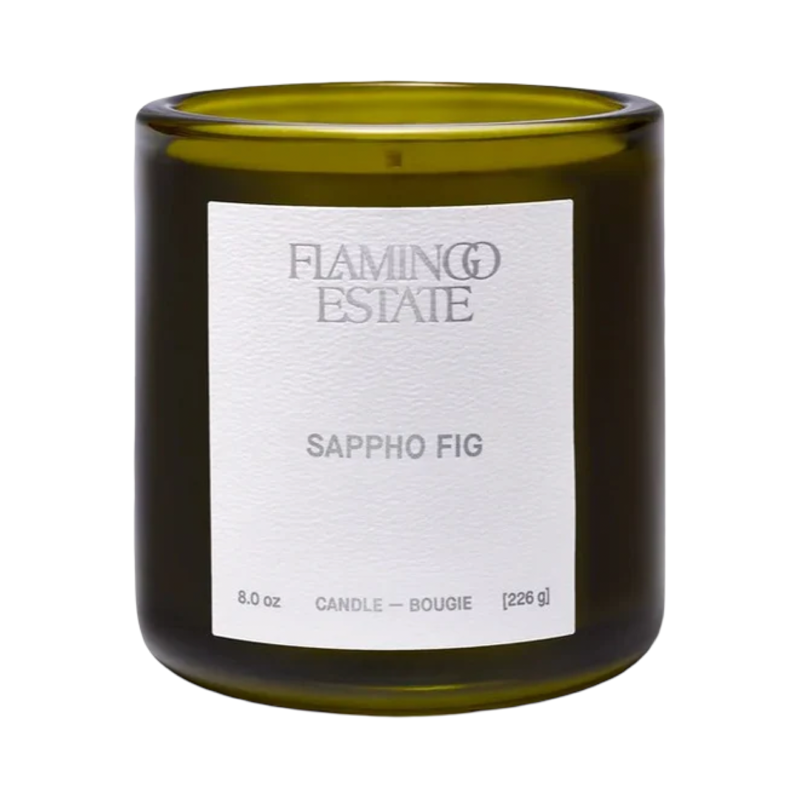 Flamingo Estate Sappho Fig Candle in a recyclable glass vessel, scented with green fig, cardamom, and sandalwood.