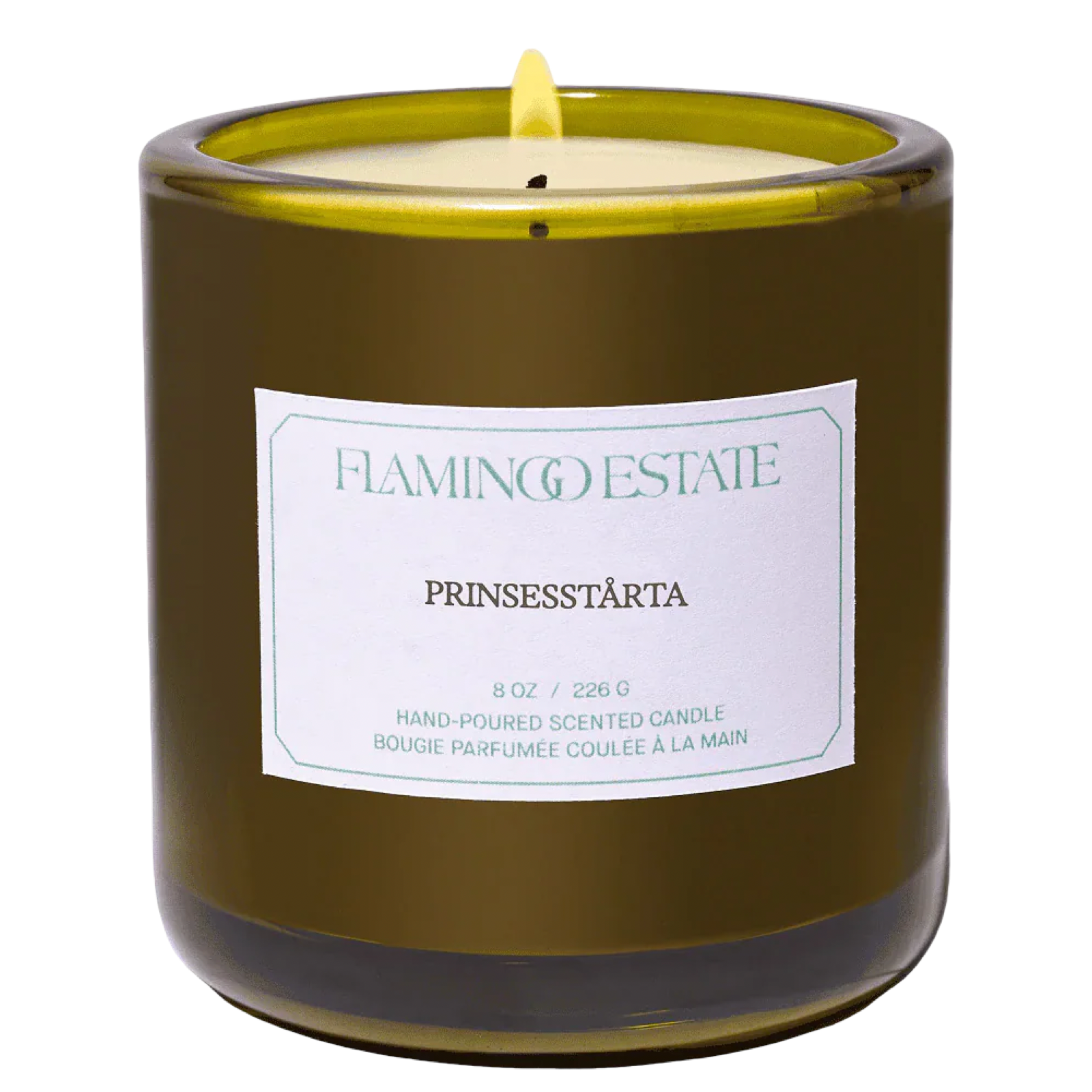 Flamingo Estate Green glass candle vessel with a white label prinsesstarta fragrance label 8oz