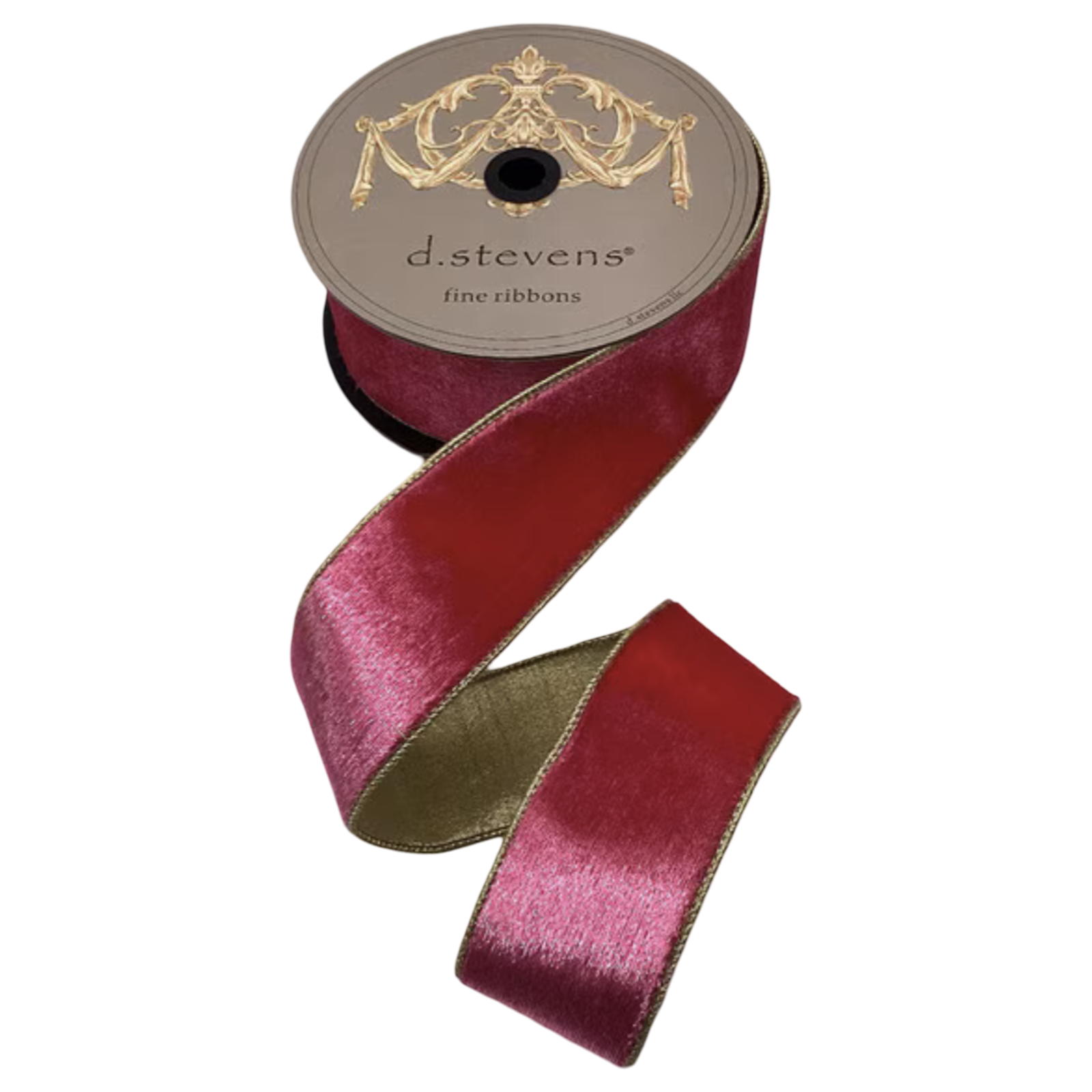 Fuchsia iced velvet ribbon with metallic gold backing, 2.5 inches wide, shown unrolled from a 10-yard spool for bows, wreaths, garlands, trees, and gift wrapping.