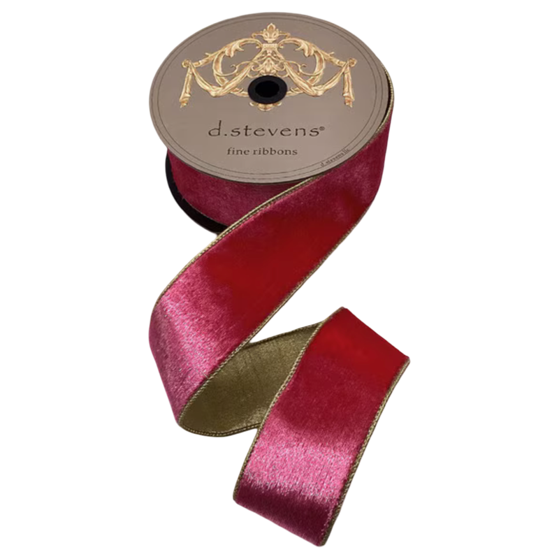 Fuchsia iced velvet ribbon with metallic gold backing, 2.5 inches wide, shown unrolled from a 10-yard spool for bows, wreaths, garlands, trees, and gift wrapping.