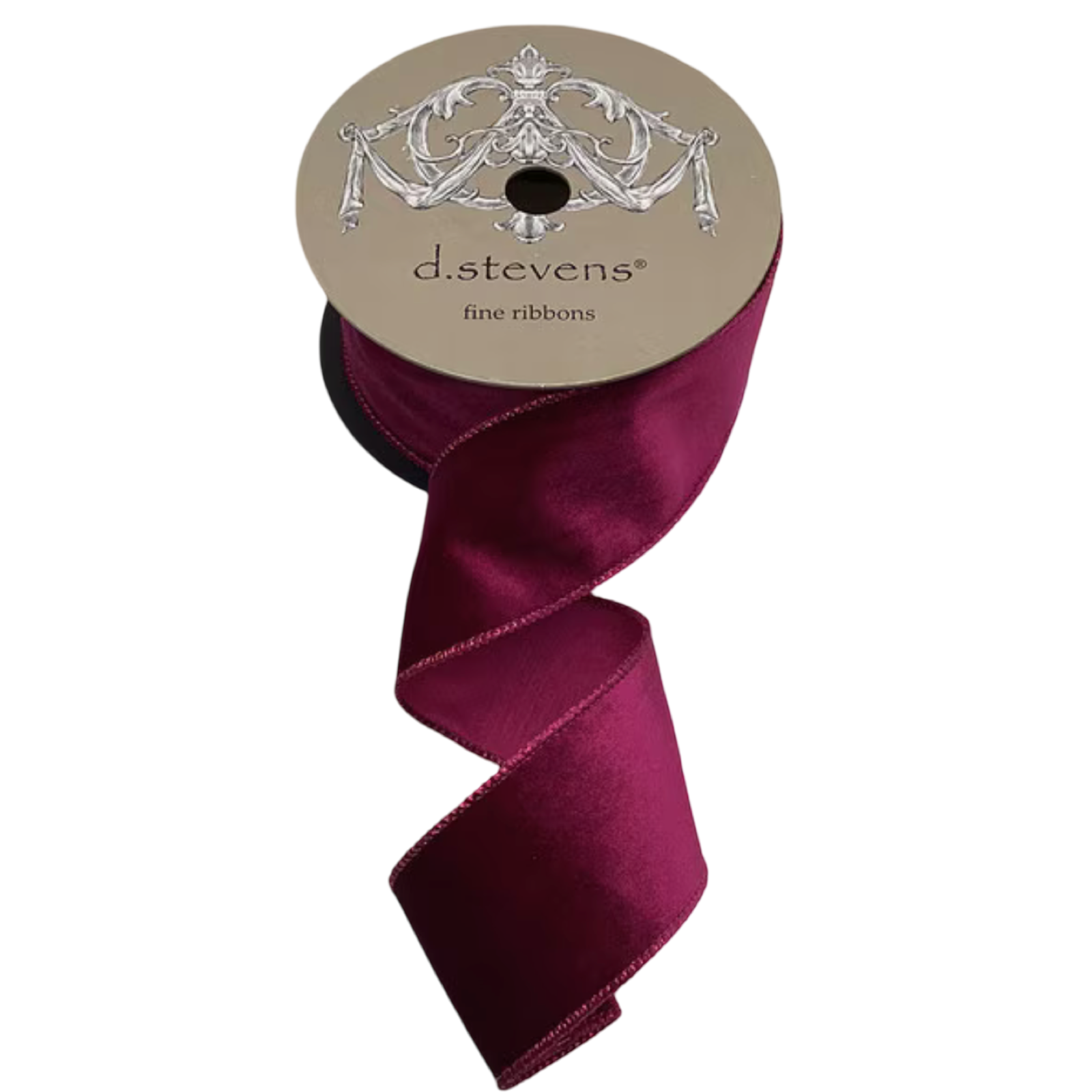 Fuchsia velvet ribbon with matching satin backing, 2.5 inches wide, shown cascading from a 10-yard spool for Christmas trees, bows, wreaths, garlands, and gift wrapping.