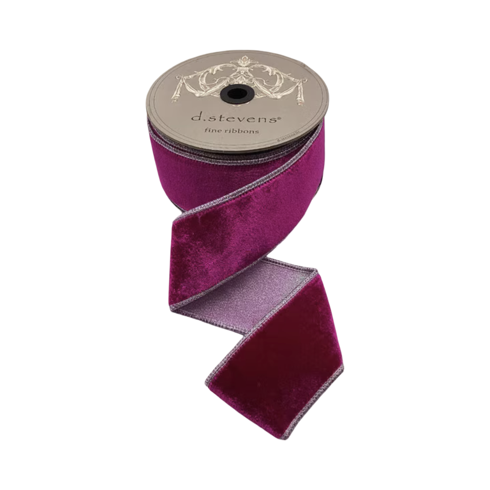 Fuchsia velvet ribbon with shimmering metallic reverse and metallic edging, 2.5 inches wide, shown in loose folds for bows, trees, wreaths, garlands, and gift wrapping.