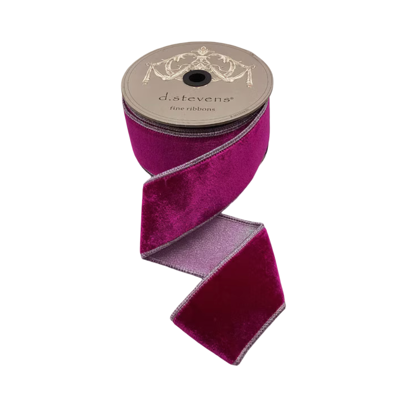 Fuchsia velvet ribbon with shimmering metallic reverse and metallic edging, 2.5 inches wide, shown in loose folds for bows, trees, wreaths, garlands, and gift wrapping.