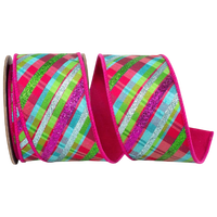 Fuchsia wired ribbon with bright green, turquoise, pink, and glitter diagonal plaid stripes, 2.5 inches wide, shown in loose loops for Christmas trees, bows, wreaths, and garlands.