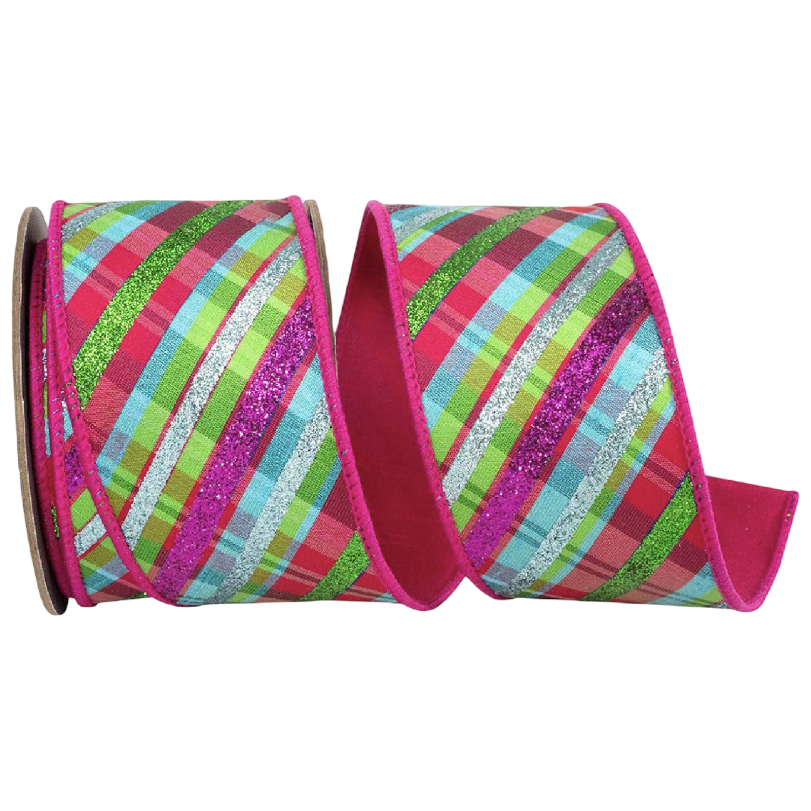 Fuchsia wired ribbon with bright green, turquoise, pink, and glitter diagonal plaid stripes, 2.5 inches wide, shown in loose loops for Christmas trees, bows, wreaths, and garlands.