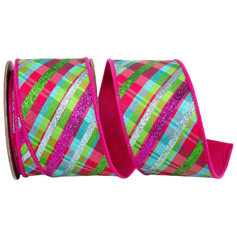 Fuchsia wired ribbon with bright green, turquoise, pink, and glitter diagonal plaid stripes, 2.5 inches wide, shown in loose loops for Christmas trees, bows, wreaths, and garlands.