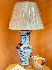 Blue and White Beaker Vase Lamp Pleated Drum Shade