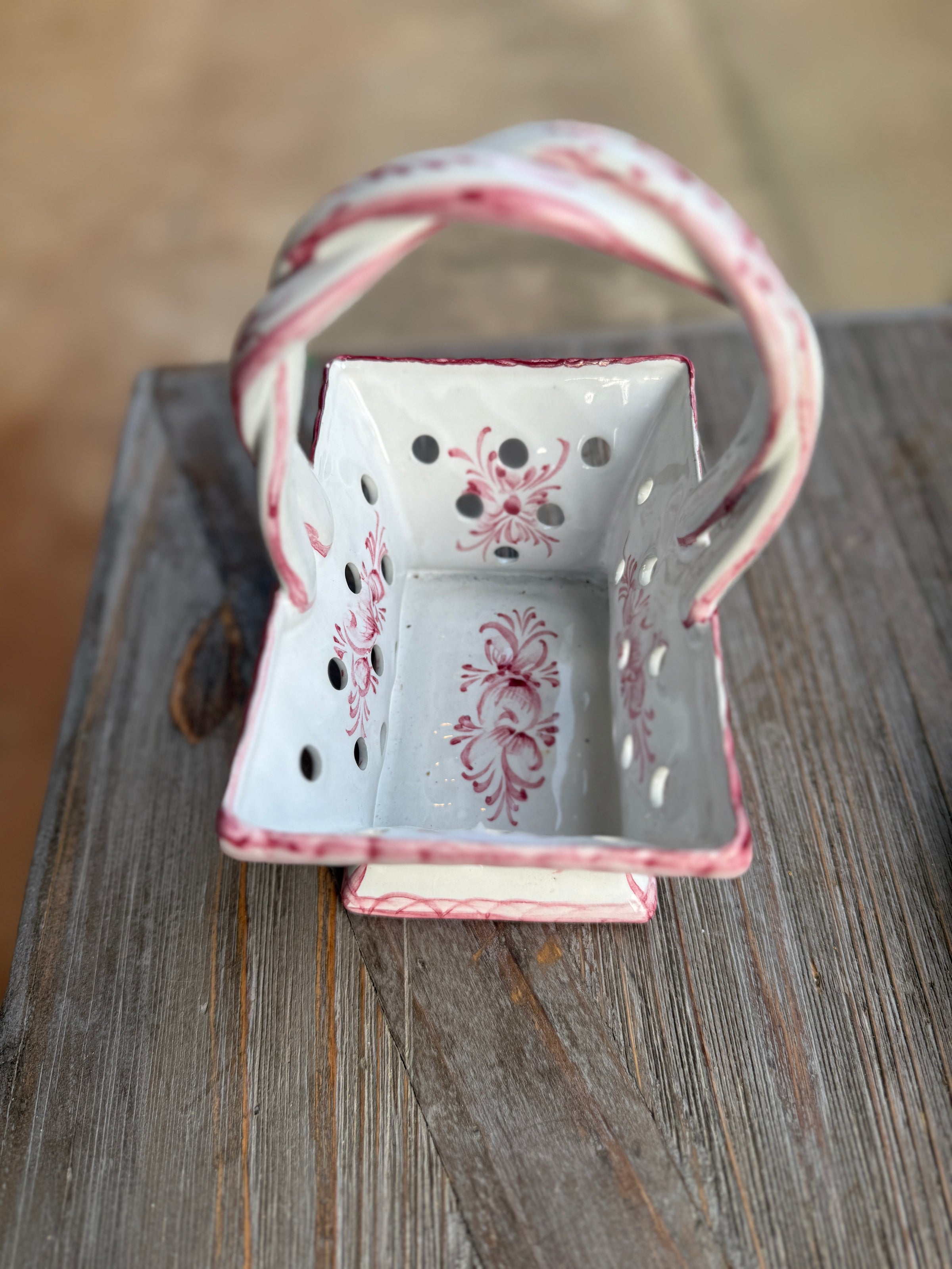 Vintage Hand-Painted Pink Ceramic Basket