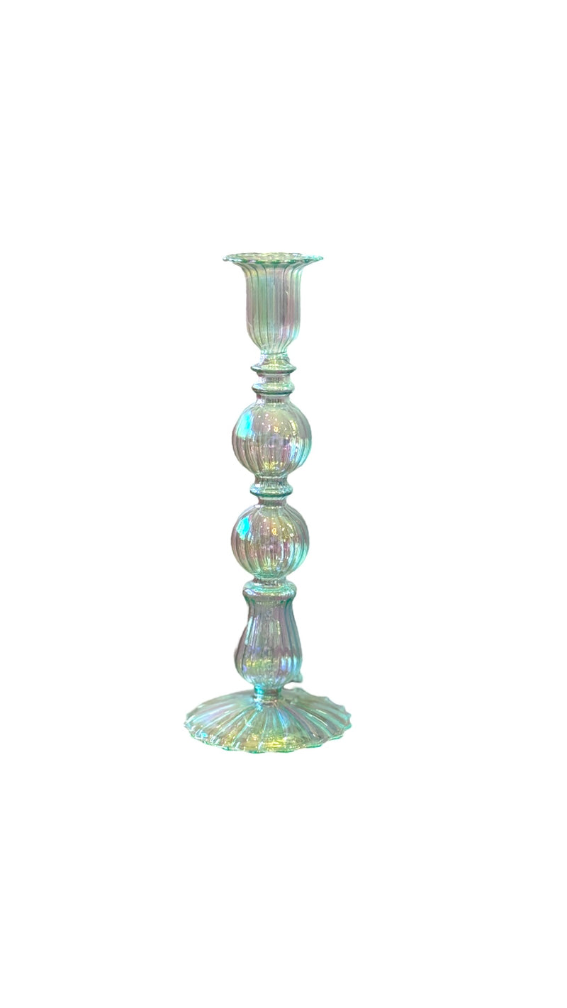 Colorful Egyptian Glass Revival Candlesticks: Big Bone Green