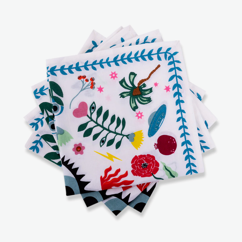 Furbish napkin set, sustainable cloth napkins, handmade napkins India, screen print table linens, cotton dinner napkins, eco-friendly dining accessories, Better Cotton Initiative napkins, colorful reusable napkins, boho table decor, artisan made napkin set