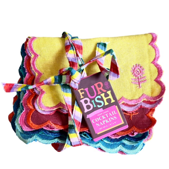 Furbish rainbow cocktail napkins, linen scalloped napkins, colorful linen drink napkins, set of 6 cocktail napkins, scallop edge napkin set, rainbow party linens, elegant bar cart accessories, rectangle linen napkins, hostess gift napkin set, vibrant linen cocktail napkins