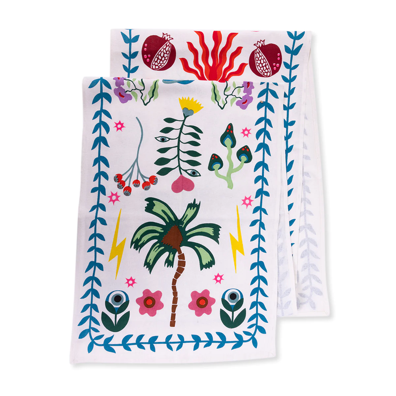 Furbish table runner, colorful screen print table runner, sustainable cotton table linens, Better Cotton Initiative runner, Jaipur artisan table runner, boho table decor, striped cotton runner, 16 x 90 table runner, ethically made table runner, vibrant dining table accessory