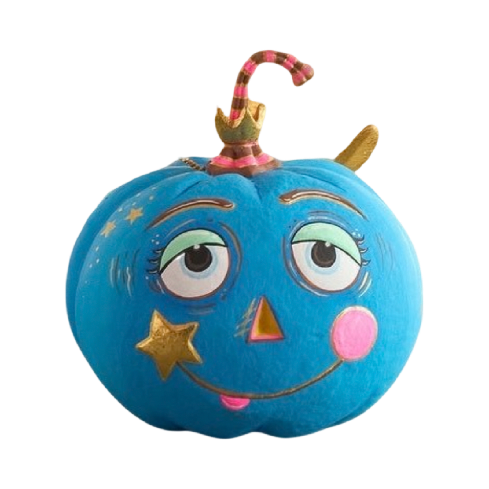 Glitterville Blue Pumpkin Pixie handmade papier-mâché Halloween decoration with pink cheek, gold star, expressive eyes, and striped stem.