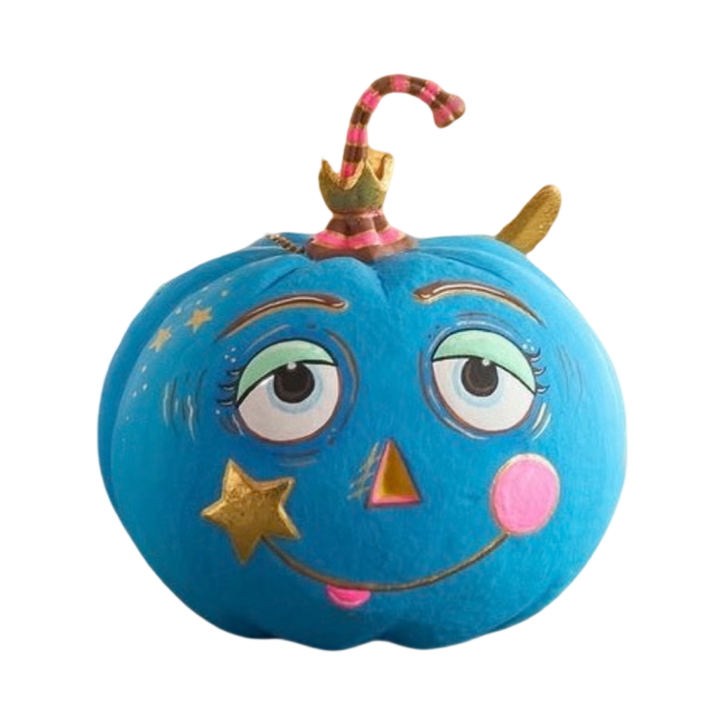 Glitterville Blue Pumpkin Pixie handmade papier-mâché Halloween decoration with pink cheek, gold star, expressive eyes, and striped stem.