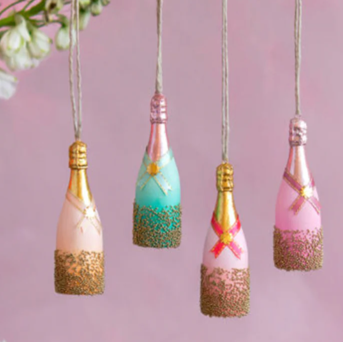 Glitterville Champagne bottle ornaments handmade christmas