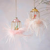 Glitterville Glass Birdcage ornaments with light pink ostrich style feathers