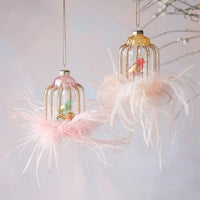 Glitterville Glass Birdcage ornaments with light pink ostrich style feathers