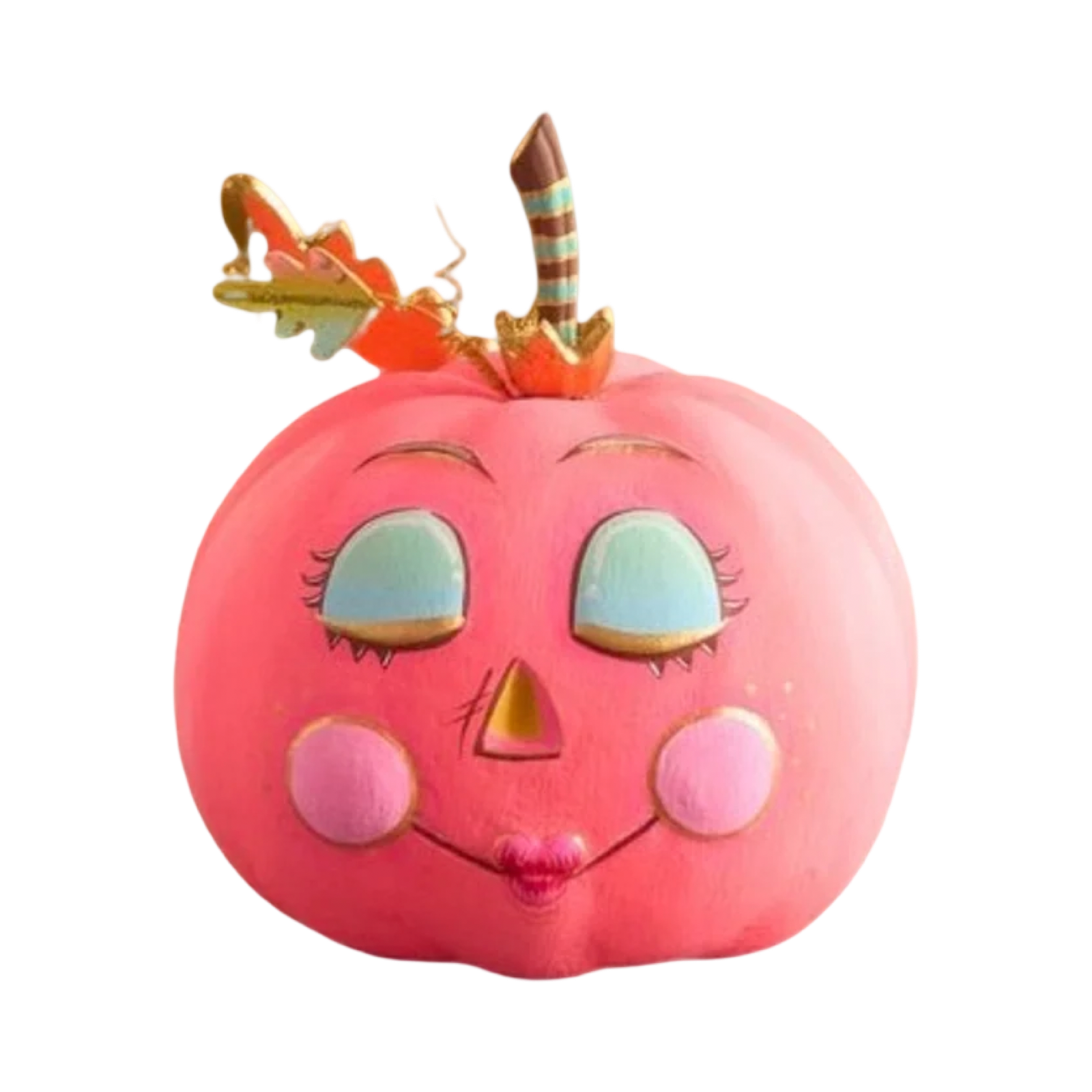 A pink decorative jack-o'-lantern pumpkin with a whimsical face, featuring closed light-blue eyes with long lashes, a small pink nose, rosy cheeks, and a striped stem topped with a small orange leaf.