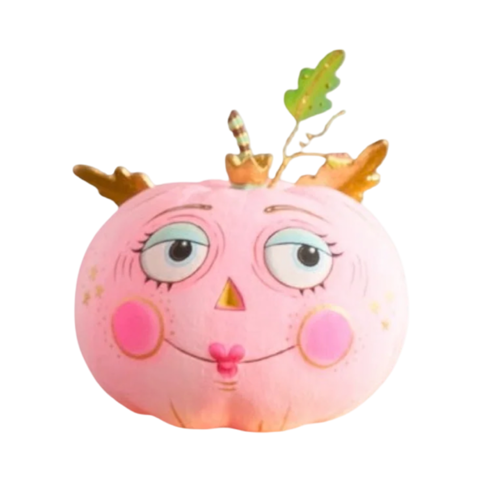 Glitterville Light Pink Pumpkin Pixie handmade papier-mâché Halloween decoration with rosy cheeks, sleepy eyes, heart-shaped lips, and leafy stem.
