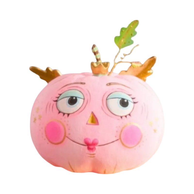 Glitterville Light Pink Pumpkin Pixie handmade papier-mâché Halloween decoration with rosy cheeks, sleepy eyes, heart-shaped lips, and leafy stem.
