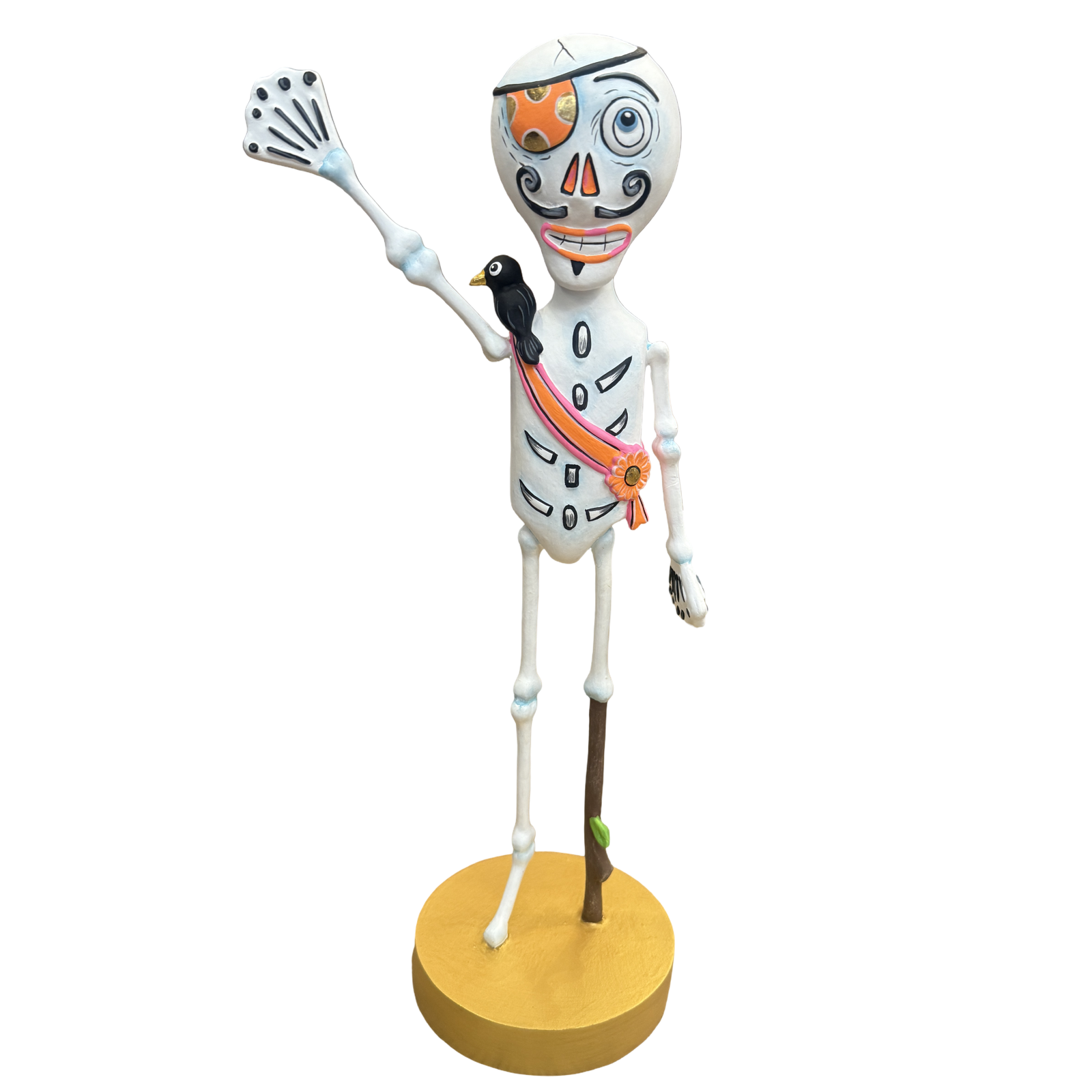 Glitterville Mr. Jingle Bones pirate skeleton Halloween figure with eye patch, crow, pink and orange sash, peg leg, and gold base.