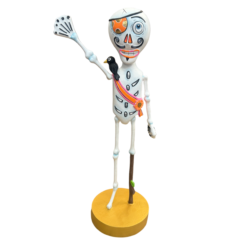 Glitterville Mr. Jingle Bones pirate skeleton Halloween figure with eye patch, crow, pink and orange sash, peg leg, and gold base.