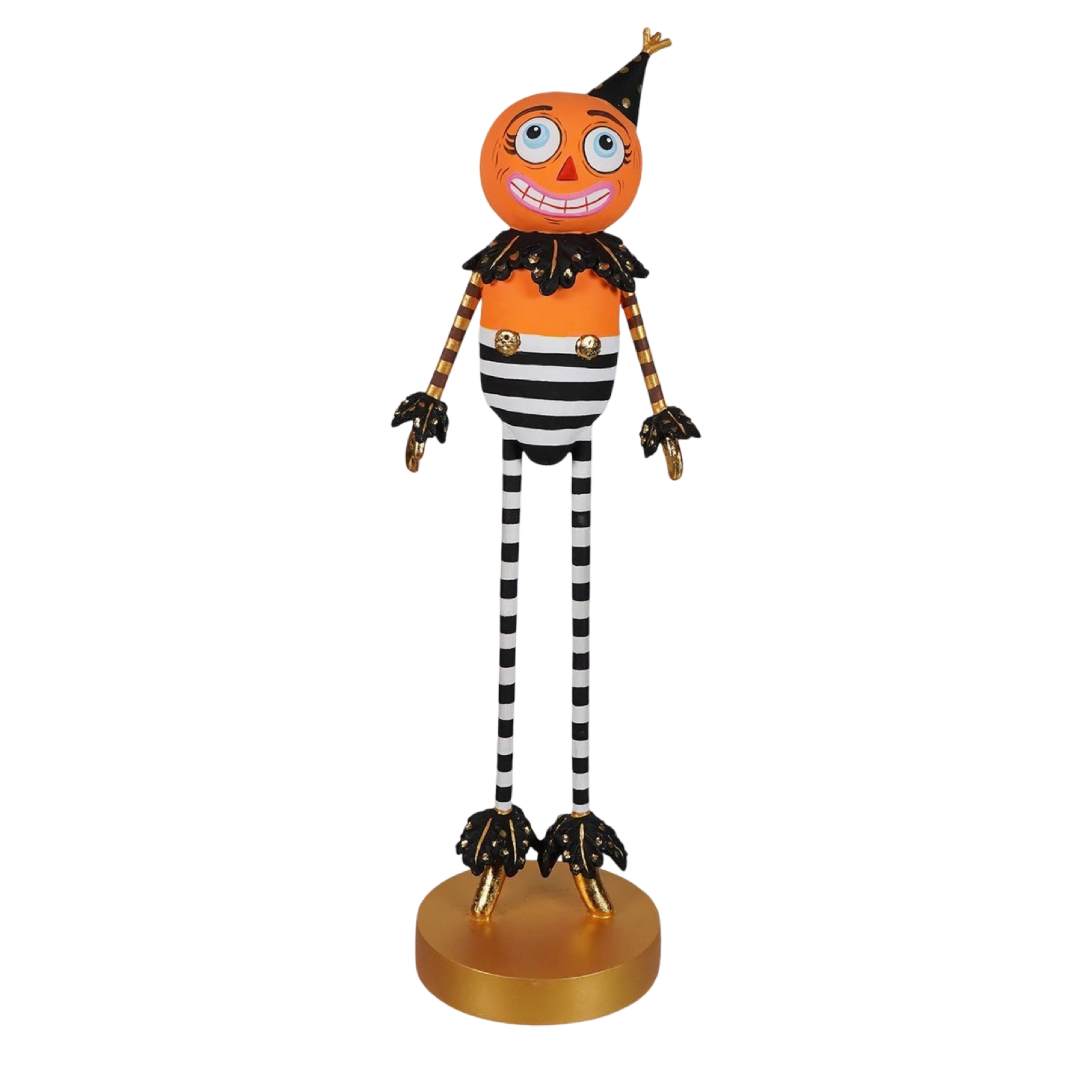 Glitterville Mr. Party Pumpkin Halloween Kook figure with orange pumpkin head, black party hat, striped legs, gold accents, and gold base.