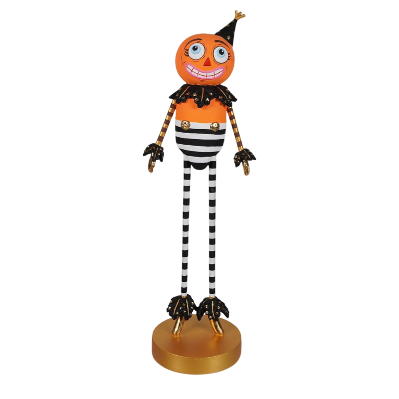Glitterville Mr. Party Pumpkin Halloween Kook figure with orange pumpkin head, black party hat, striped legs, gold accents, and gold base.
