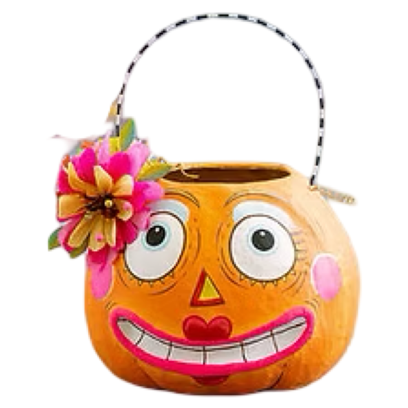 Glitterville Pumpkin Betty and Gossip Gourdy orange papier-mâché Halloween buckets with colorful hand-painted faces and striped handles.