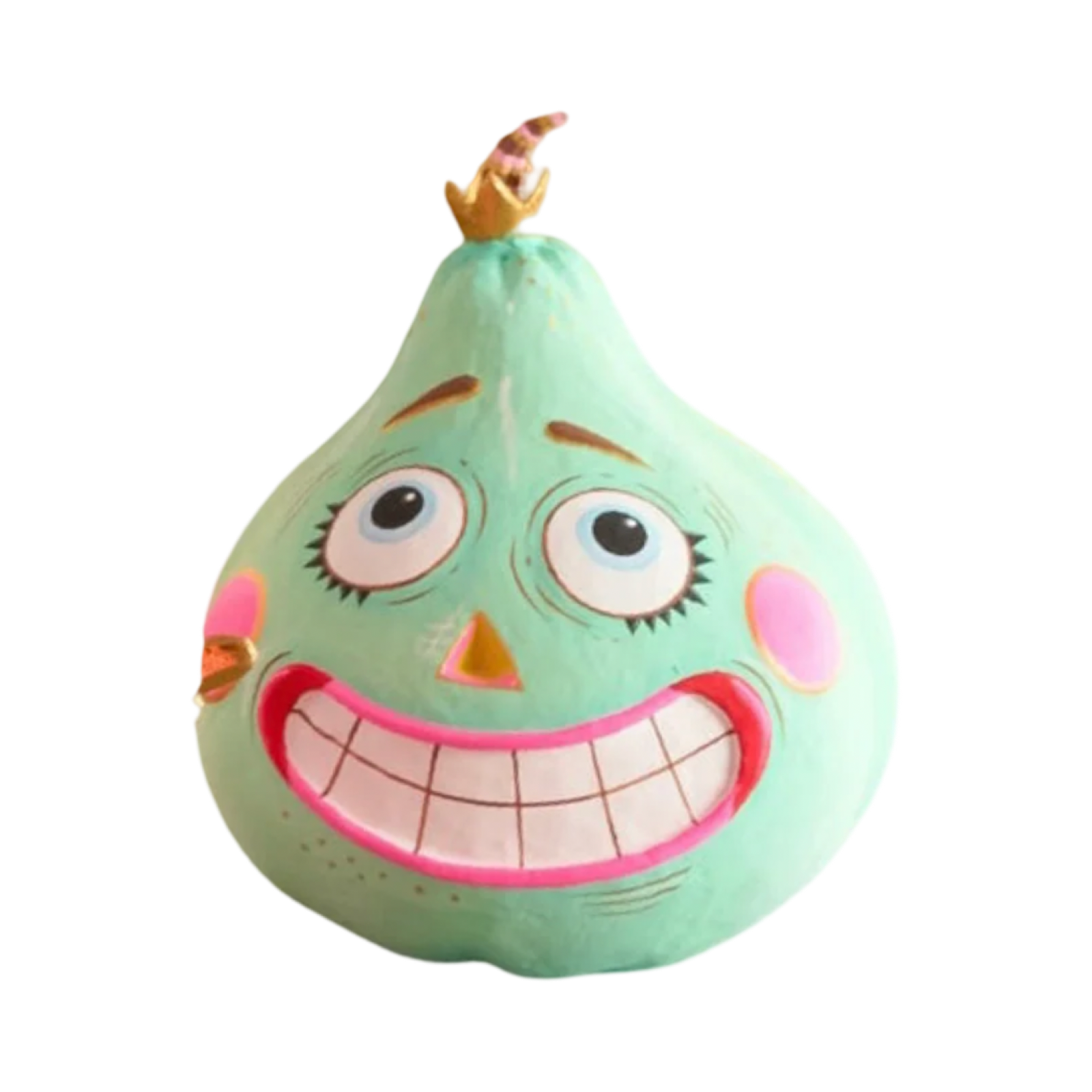 Glitterville Teal Pumpkin Pixie handmade papier-mâché Halloween decoration with pink smile, gold stars, expressive eyes, and leaf details.