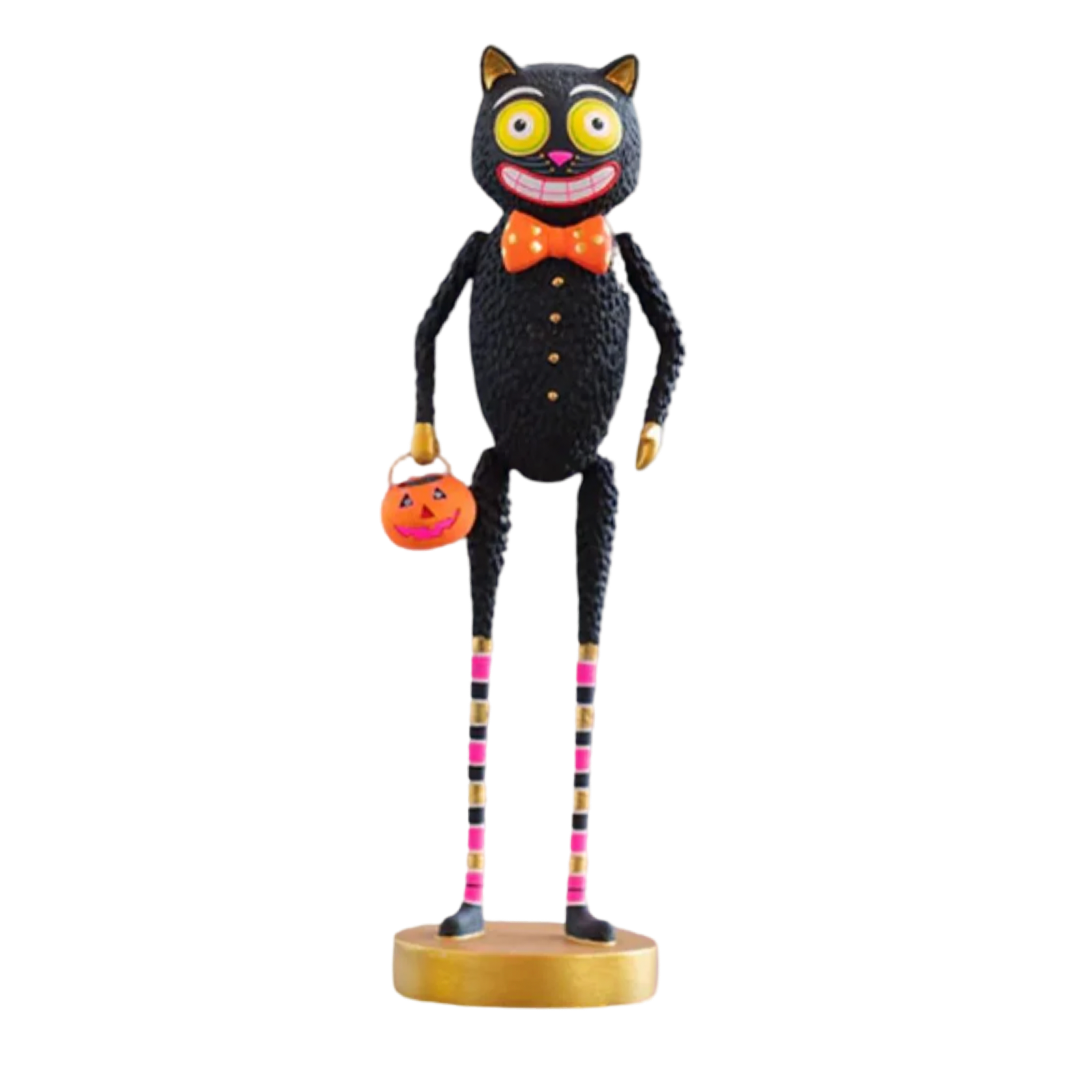 Glitterville black cat Halloween figure with orange bow tie, striped legs, gold accents, and jack-o’-lantern pumpkin bucket.