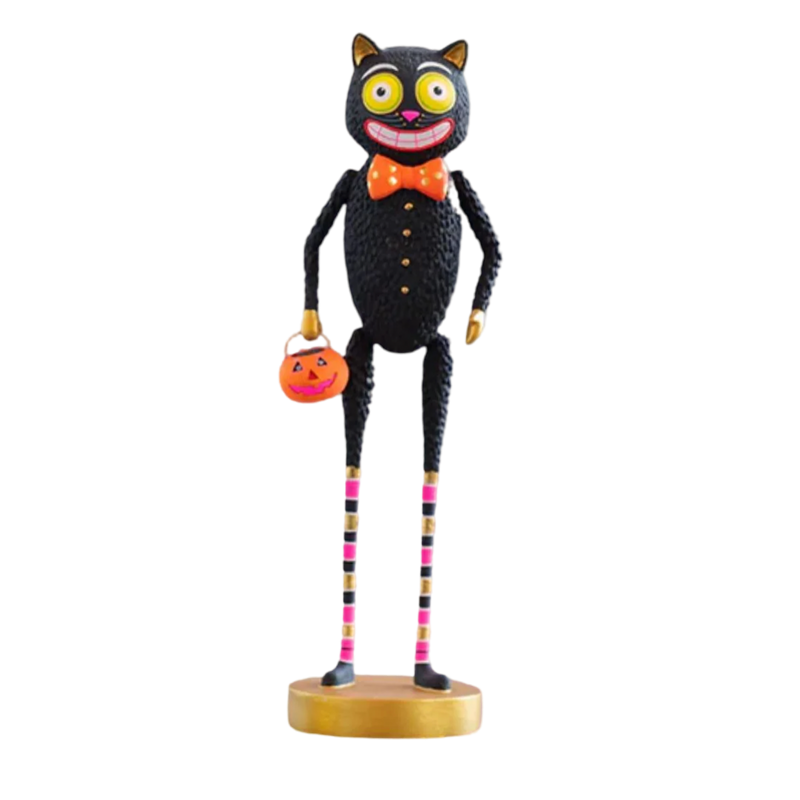 Glitterville black cat Halloween figure with orange bow tie, striped legs, gold accents, and jack-o’-lantern pumpkin bucket.