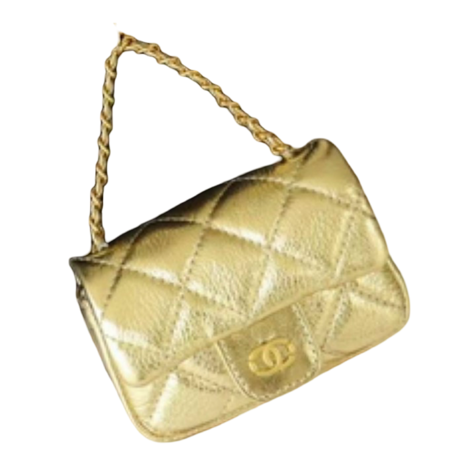 A small quilted metallic gold handbag with a chain strap and a gold interlocking CC logo on the front, isolated on a white background.