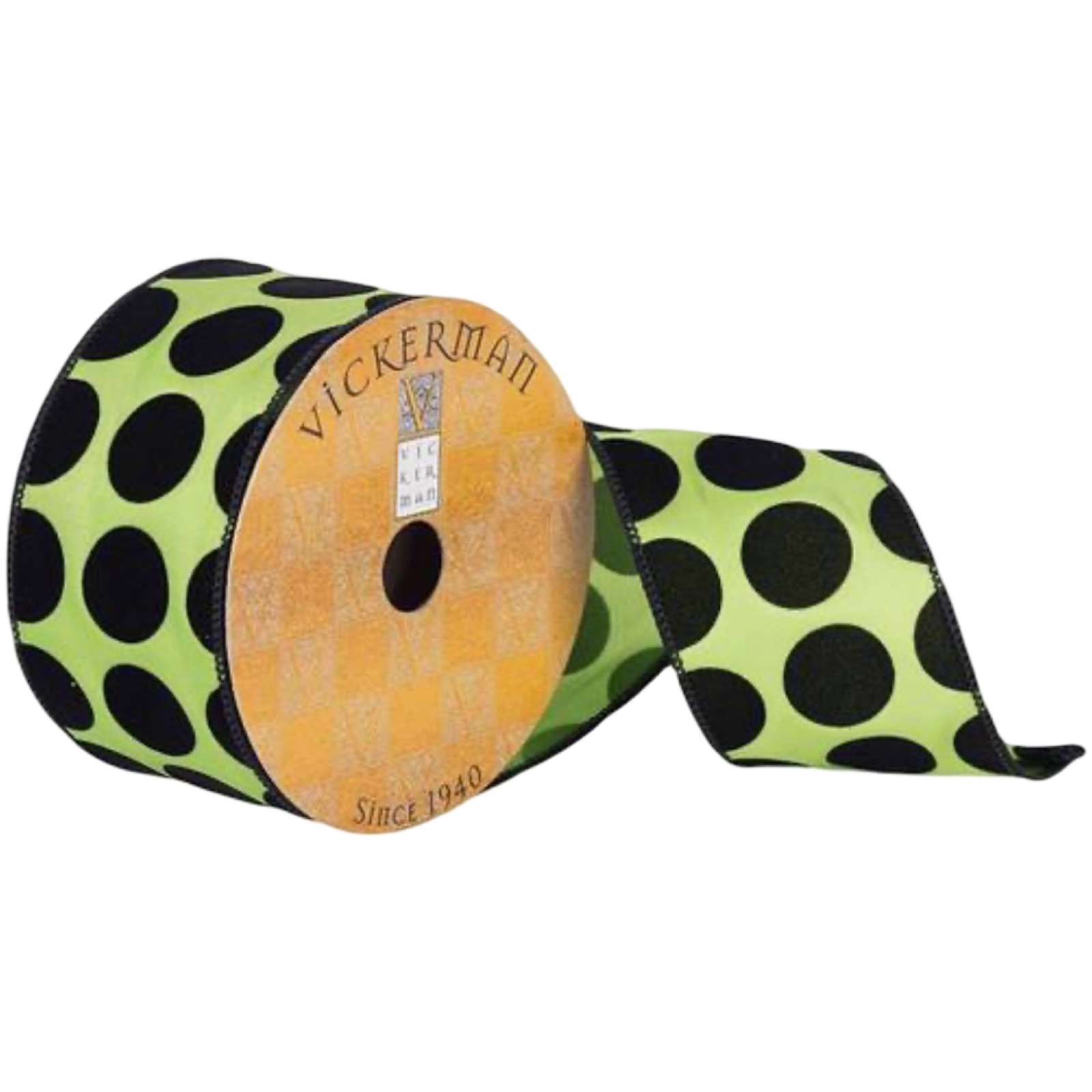 A roll of Vickerman brand ribbon with a lime green background and black polka dots, wound around a tan cardboard spool.