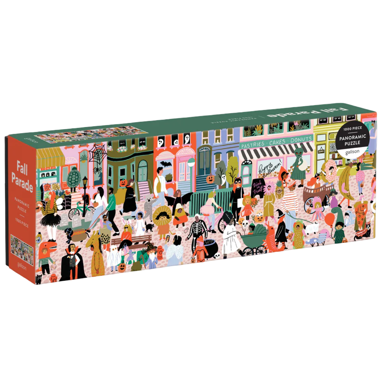 Puzzle box with colorful design of people on a street