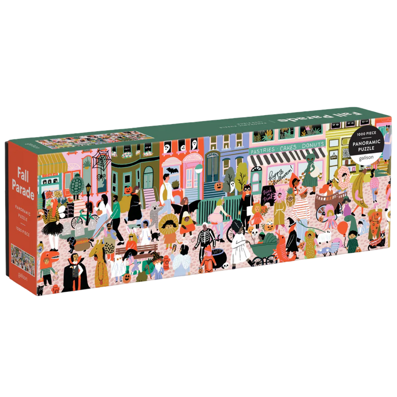 Puzzle box with colorful design of people on a street