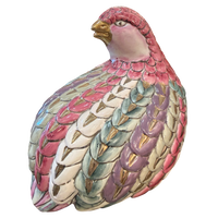 Hand-painted ceramic quail figurine with dimensional pink, aqua, lavender, cream and metallic gold feathers.