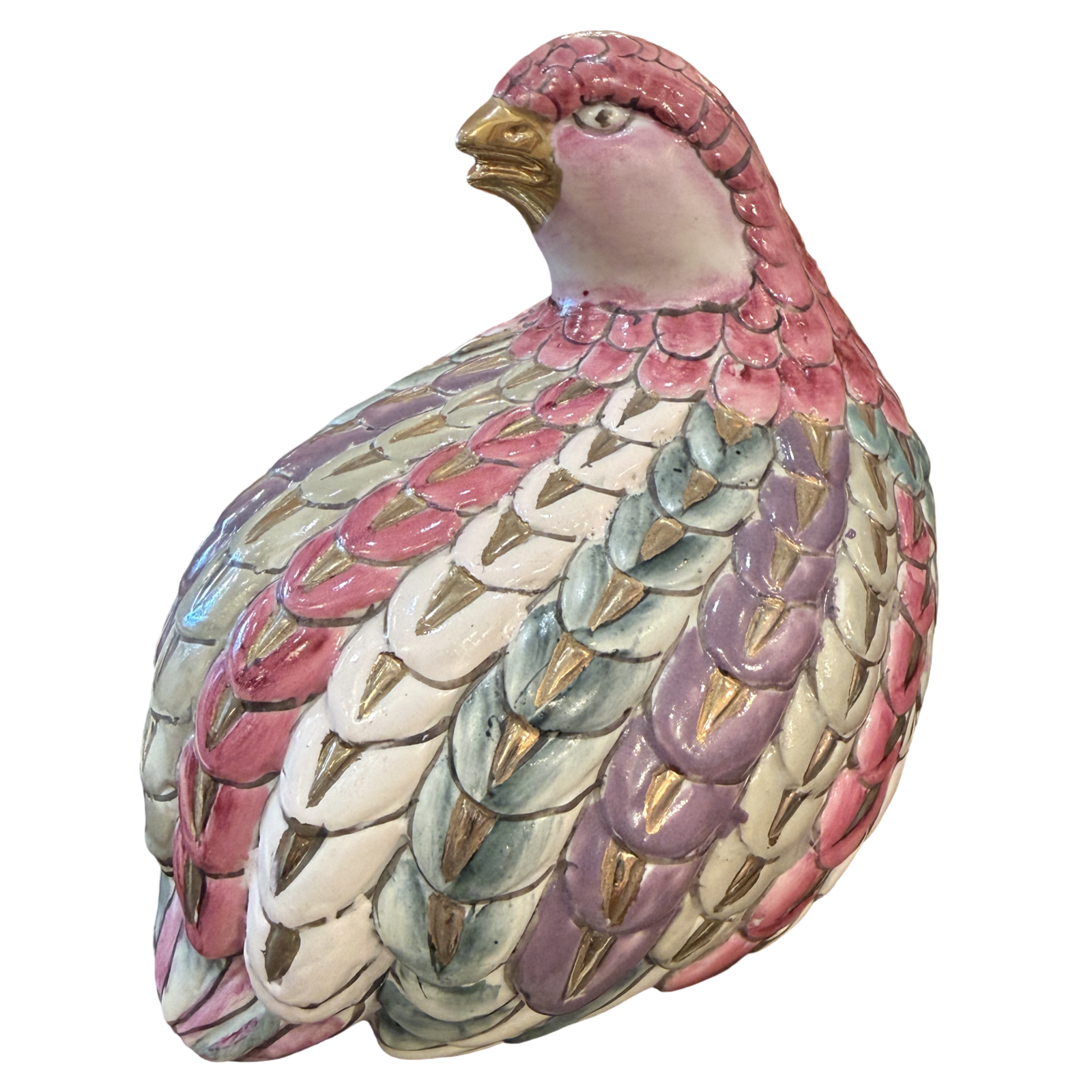 Hand-painted ceramic quail figurine with dimensional pink, aqua, lavender, cream and metallic gold feathers.