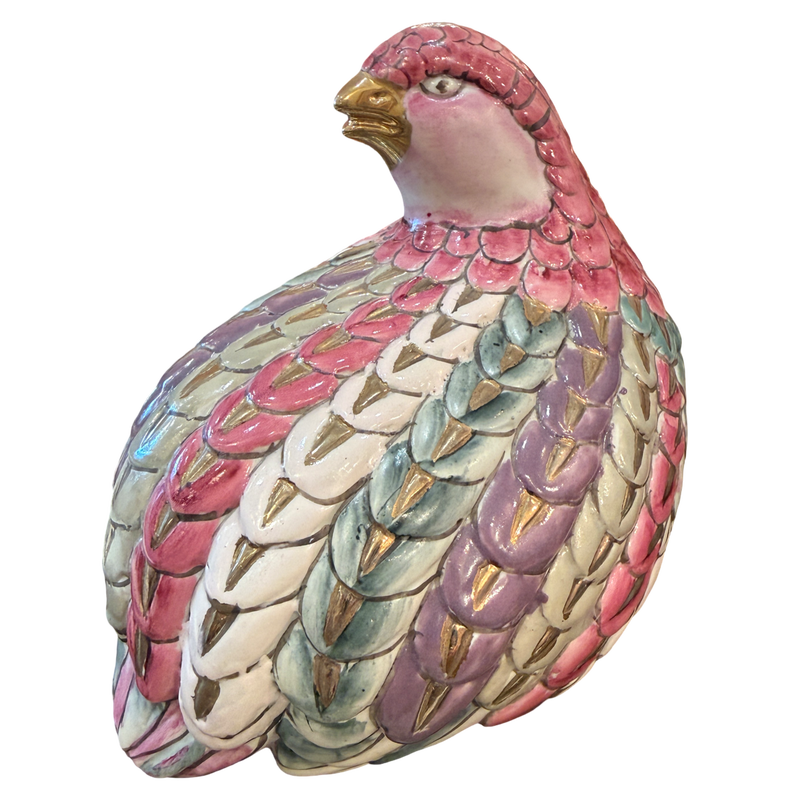 Hand-painted ceramic quail figurine with dimensional pink, aqua, lavender, cream and metallic gold feathers.