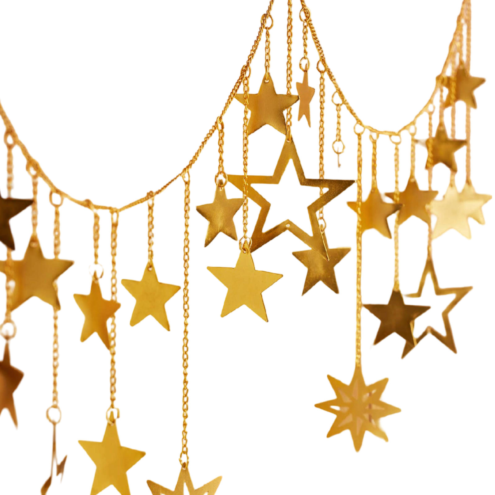 Handmade gold metal twinkling star chain garland with dangling stars for mantel and holiday decorating.
