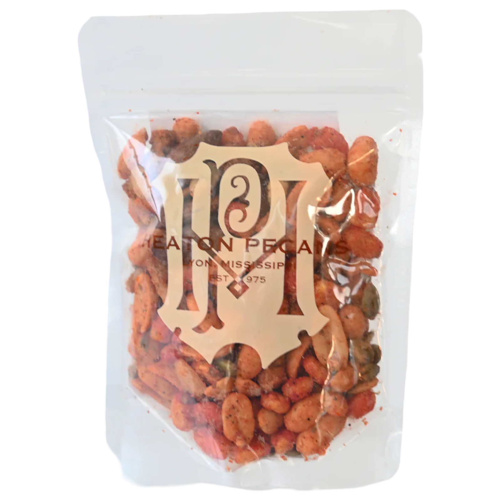 Bag of pecans with a brand logo on a white background