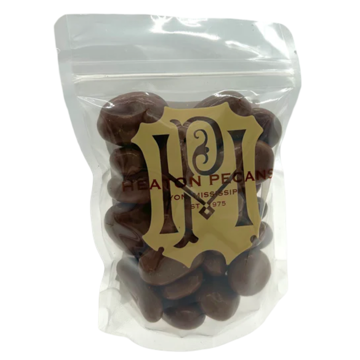 Clear bag of Heaton Pecans with a logo on a white background
