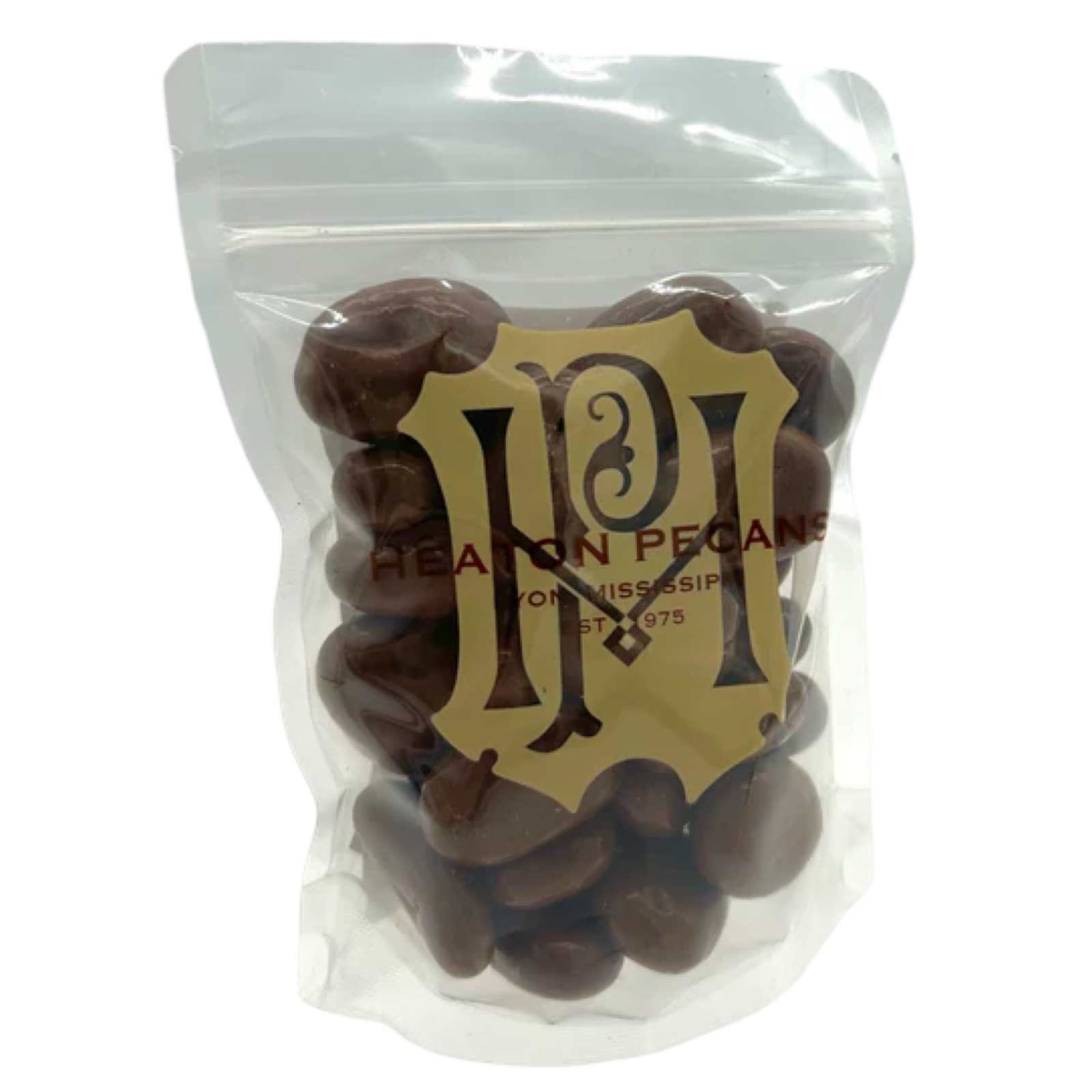 Clear bag of Heaton Pecans with a logo on a white background